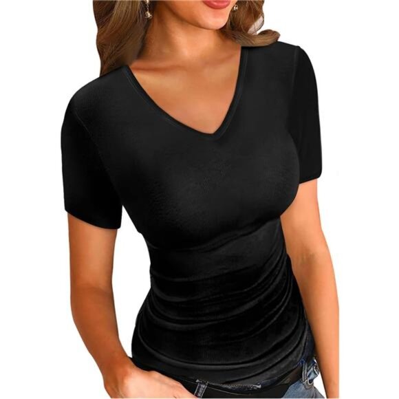 Women's V-Neck T-Shirts - Short and Long Sleeve Casual Ribbed Slim Fitted Tops - Picture 1 of 6